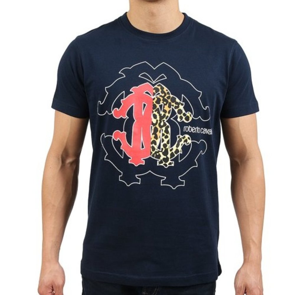 Roberto Cavalli Men's Black RC Monogram Print Cotton Tee  L